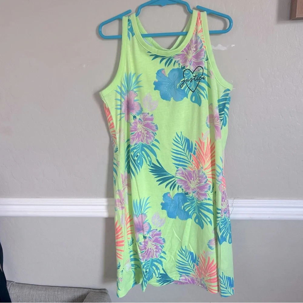 Justice Girls Kids Floral Tropical Tank Dress‎ Size Small 7 or 8 Neon Green Blue